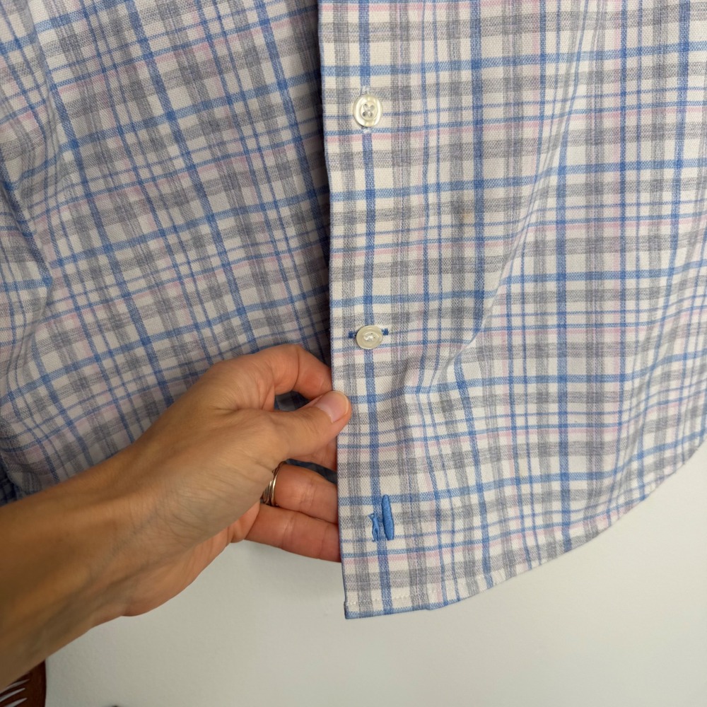 Johnnie-O Performance Mens XL Plaid Button Down Shirt Blue Grey Long Sleeve Logo - Picture 3 of 7